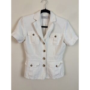 Tahari Linen Sheath Sz 4 White Jacket Short Sleeve‎ Button Pockets Lightweight
